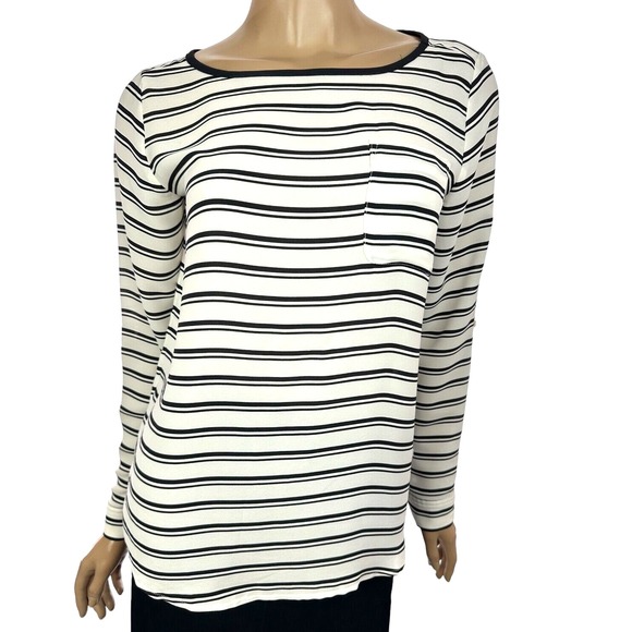 Tops - Loft Ann Taylor Size Petite S White w/Black Stripes Curved Hem Long Sleeve